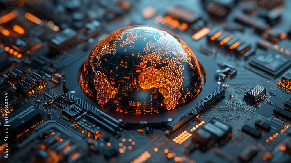 Poster global infinity in the realm of computer technology, highlighting the interconnectedness and endless
