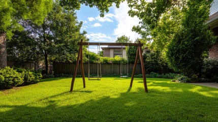 A front lawn with a swing set for children, surrounded by a spacious grassy area