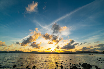 Beautiful clouds in sunset or sunrise over sea,Colorful scenery sunset sky, Amazing clouds wonderful light sky background