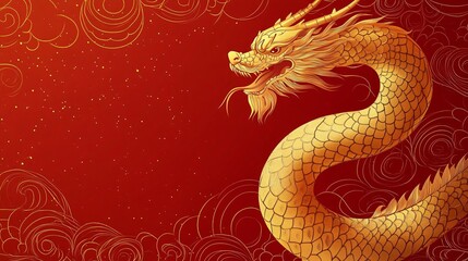 Fototapeta premium Elegant golden dragon illustration on a rich red background, ideal for Chinese New Year celebrations, cultural events, and artistic projects emphasizing power and wisdom.