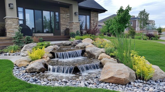 A front lawn with a unique water feature combining a fountain and a rock garden - Powered by Adobe