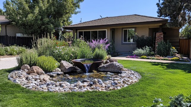 A front lawn with a unique water feature combining a fountain and a rock garden