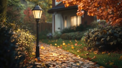 A front lawn with a vintage lamp post casting a warm glow over the path