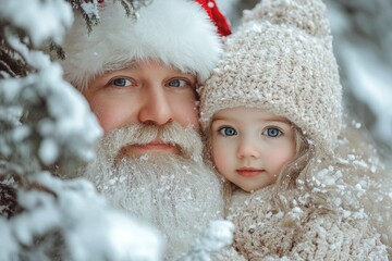 Noel digital ads design idea visual for flyer and social apps use. Lively christmas, Ñute baby girl amazed with santa claus. Xmas festive banners. Santa claus lap toddler. Xmas and joy visuals.