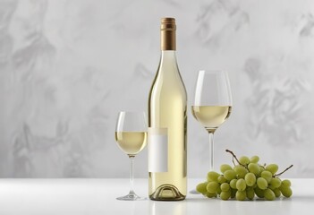 Fototapeta premium Shiny white wine bottle and glass on white background, closeup, collection
