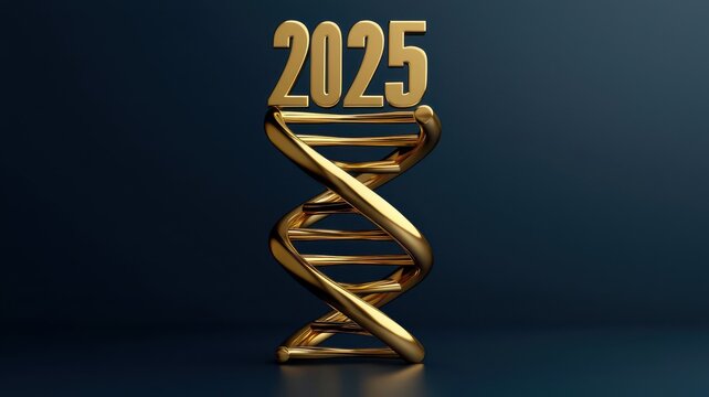 Abstract golden DNA strand transforming into a 2025 logo, symbol of evolution and victory, scifi futuristic concept, dark background