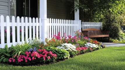Fototapeta premium A front lawn with a white picket fence, colorful flower beds, and a cozy wooden bench in the corner