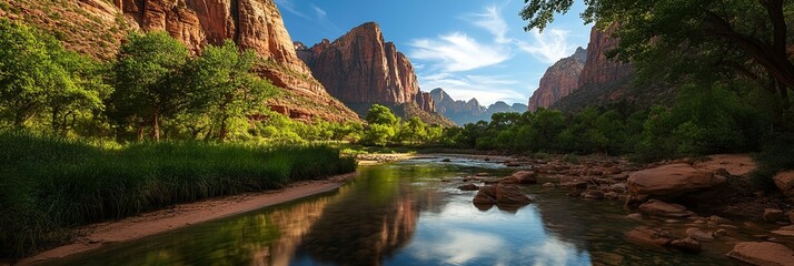 A beautiful landscape with a river running through it. The water is calm and the sky is clear