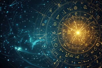 Obraz premium A cosmic design featuring a luminous center surrounded by astrological symbols and a starry background, evoking a sense of mystery and the universe.