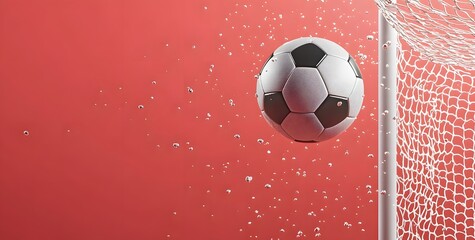Fototapeta premium Soccer Ball Entering Goal Net With Water Splashes