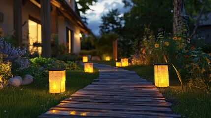 Obraz premium A front lawn with solar-powered lanterns illuminating a rustic wooden pathway