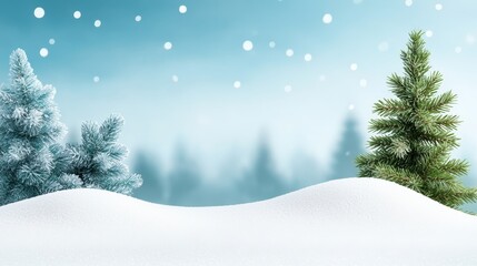 Fototapeta premium A serene winter landscape featuring snow-covered hills and evergreen trees under a soft blue sky with falling snowflakes.