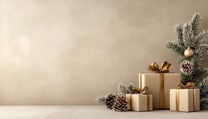 A serene holiday setting featuring elegantly wrapped gifts beside pinecones and a decorated evergreen tree against a neutral backdrop.