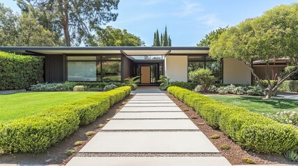 Fototapeta premium A front yard featuring a modern design with a concrete pathway and geometrically trimmed bushes