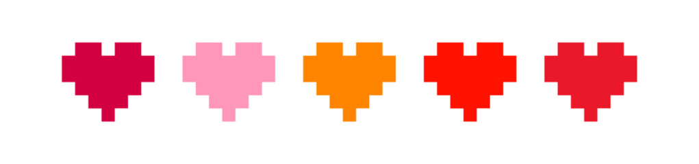 Obraz premium Pixel red, pink hearts set in pixel art style. Different hearts collection. Retro game, interface concept. Vector graphic on white background