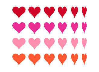 Red, pink hearts icon set. Collection of gradient hearts of different shapes. Vector illustration isolated on white background, eps10
