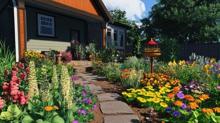 Obraz premium A front yard with a colorful wildflower garden and a bird feeder attracting finches