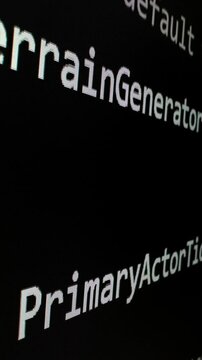 Closeup macro shot movement of coding script moving across LED screen with real-time AI-generated typing, showcasing advanced AI learning in optimization, debug and coding for software development.