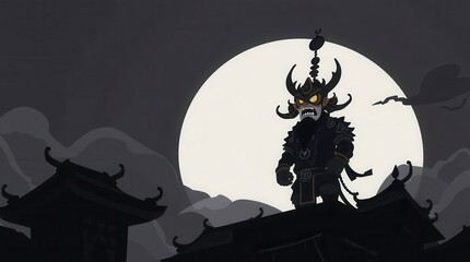 Fototapeta premium A silhouette of a warrior holding weapons on a rooftop with a full moon in the background. This artwork exudes a mysterious and dramatic vibe, perfect for Halloween or fantasy events.