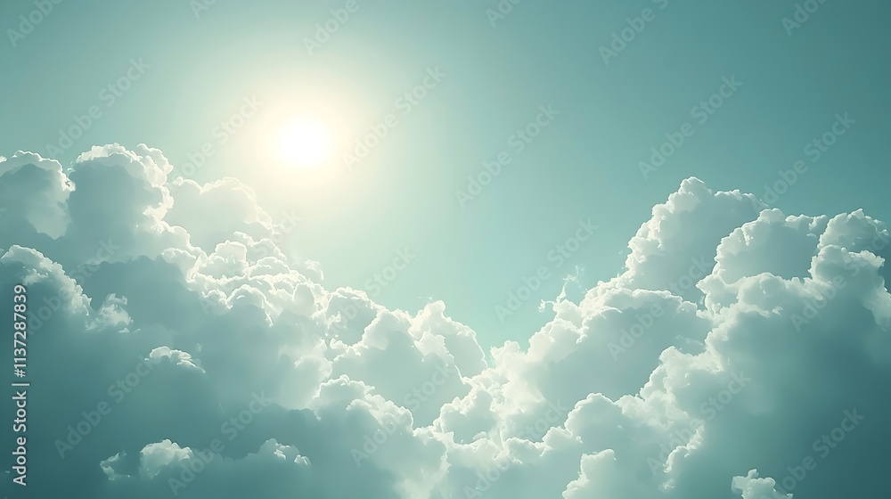 Poster a serene sky filled with fluffy white clouds illuminated by soft sunlight, creating a tranquil and d
