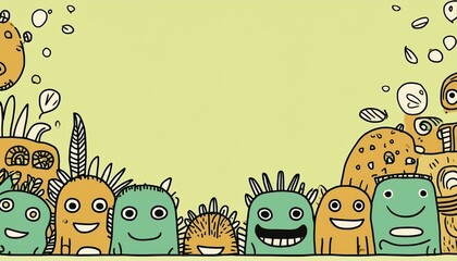 Obraz premium Abstract doodle of cute monster characters in hand-drawn style with copy space 