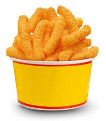 Corn snacks cheesy in paper box isolated on white background, Puff corn or Corn puffs cheese flavor on white With clipping path.