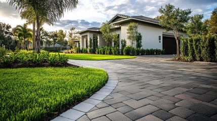 A front yard with a driveway featuring interlocking pavers and well-manicured grass