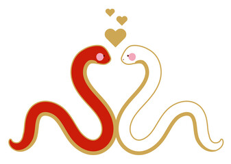 向かい合う紅白の蛇（ハート）