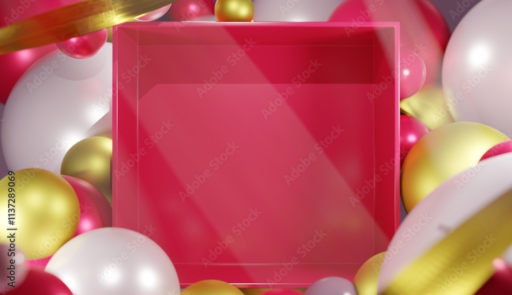 Poster close up shot of an open red box submerged in gold, white, and red balloons with golden streamers in