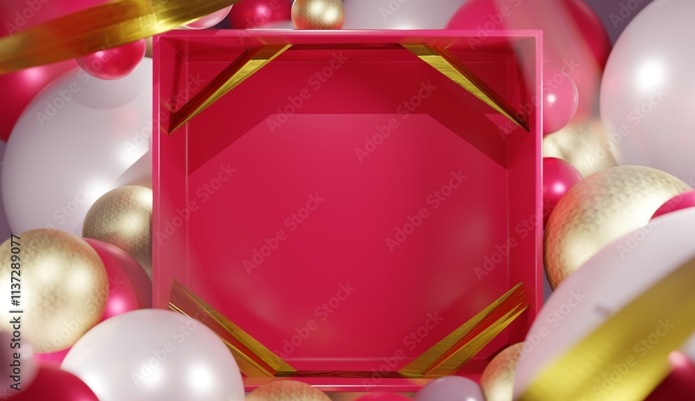 Aufkleber festive product display background template with 3d red open box with golden ribbon frames and facin