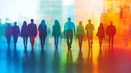 confident business leader guiding a successful team in a bustling office environment, symbolizing leadership, teamwork, and recruitment in a competitive job market with a blurred social network backdr