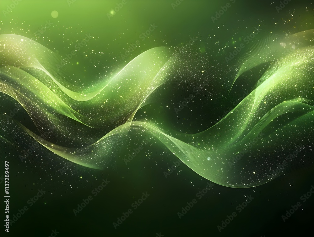 Poster abstract green waves swirling through a galaxy of sparkling lights, creating a vibrant and enchantin