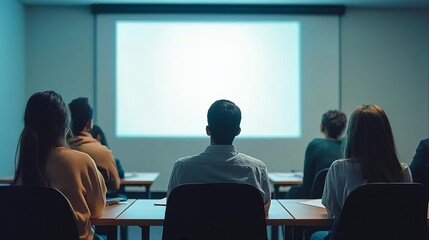 A group of people attentively engaged in a presentation, facing a blank projector screen in a modern conference room.