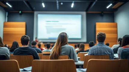 Obraz premium A diverse group of students attentively listening to a presentation in a modern lecture hall with a projector screen.