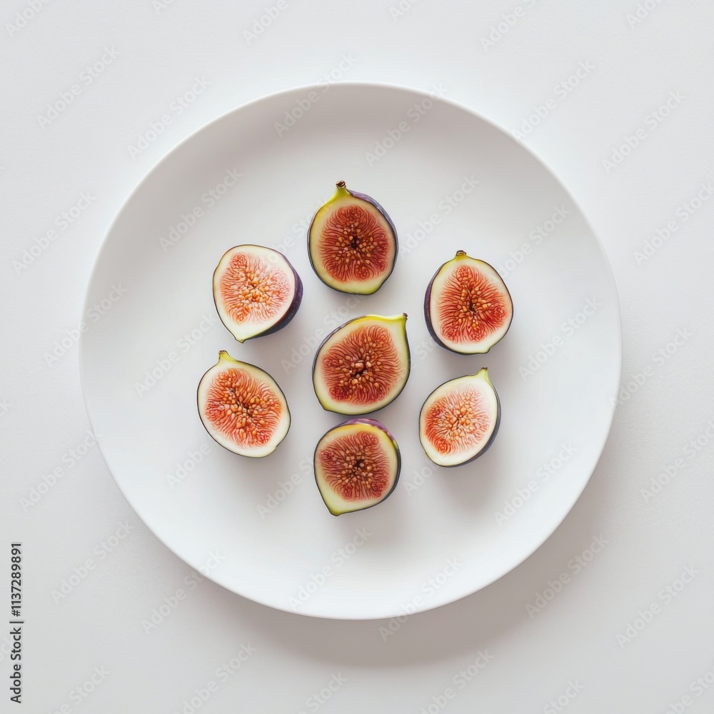 Sticker A minimalist plate of fresh figs, neatly arranged in a simple pattern on a plain white ceramic plate, Figs centered