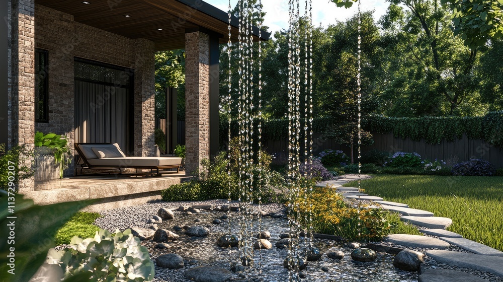 Poster a front yard with a rain chain water feature blending functionality with beauty