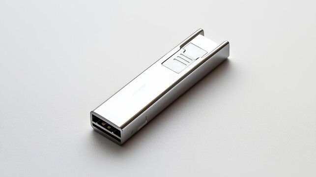 Sleek and modern silver USB drive on a white background, perfect for showcasing technology and data storage solutions.