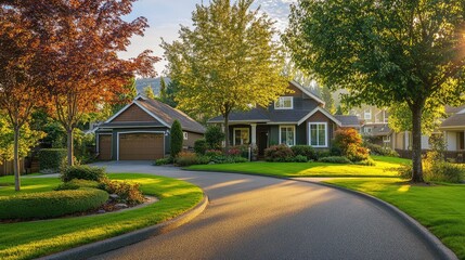 A front yard with a tree-lined driveway and a small manicured lawn leading to the entrance