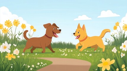Two happy dogs playing in a sunny field of flowers. Perfect for pet-related websites or springtime themes.
