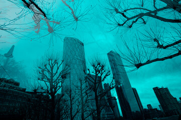 Canary wharf skyscrapers emerging from bare trees in cyan monochrome