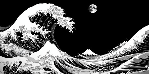 Iconic black and white illustration of Hokusai's The Great Wave off Kanagawa, featuring detailed wave design with moon background