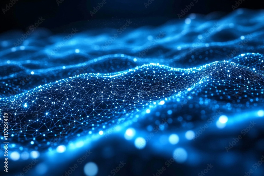 Poster abstract digital art with interconnected blue lines and dots forming futuristic network pattern on d