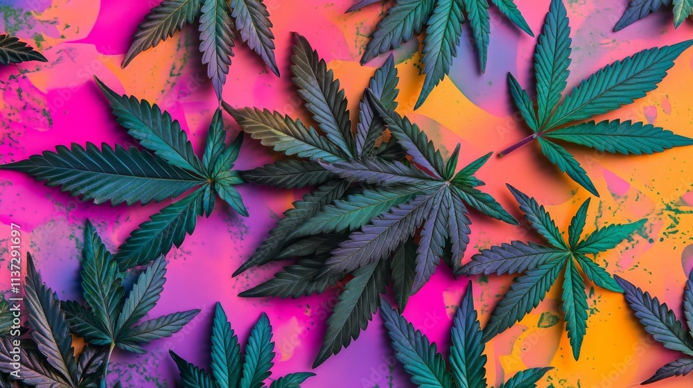 Aufkleber psychedelic flat lay of cannabis leaves on vibrant colorful background with dynamic composition and 