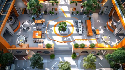 Top View 3D floorplan of office interior design with cyber security, Open concept living apartment layout