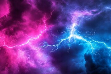 Fototapeta premium Dramatic digital illustration of stormy sky with vibrant lightning bolts, pink, purple, and blue hues creating a powerful scene