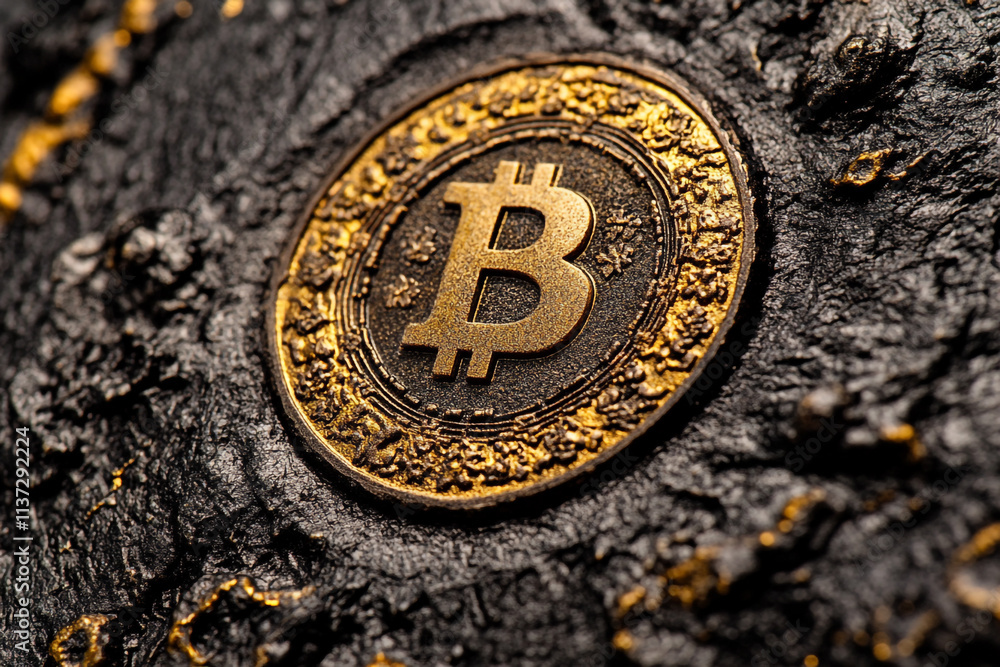 Poster detailed close-up of a bitcoin symbol on an intricate textured surface