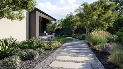 Obraz premium A minimalist front lawn design featuring gravel pathways and low-maintenance drought-tolerant plants