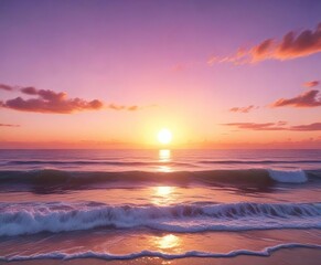 Obraz premium Soft orange hues blend with pink and purple tones as the sun dips below the horizon, casting a warm glow over the ocean's gentle waves., calming scene, serene atmosphere