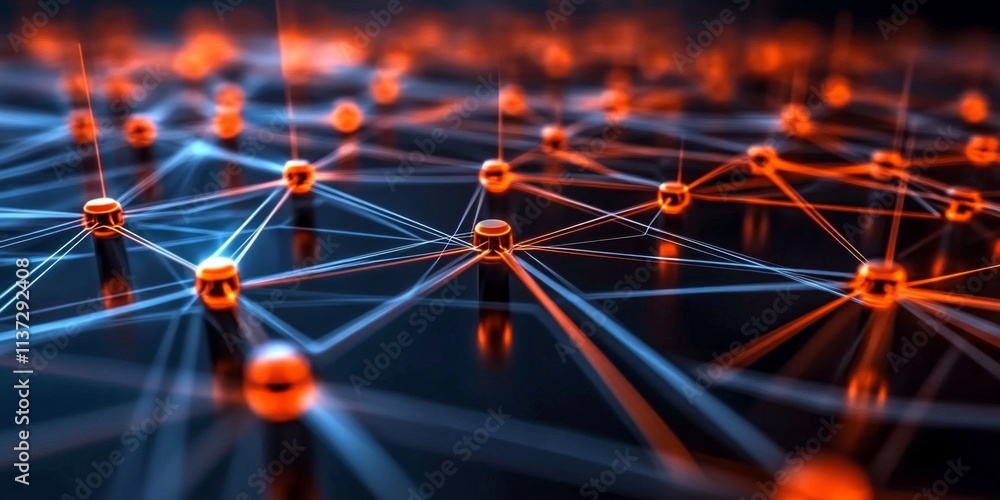 Poster abstract close-up of interconnected black lines and orange dots on dark background, symbolizing conn
