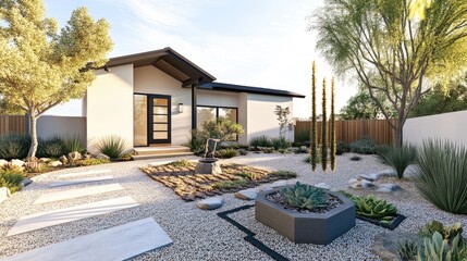 A modern front yard with a small fountain, low-maintenance succulents, and gravel pathways